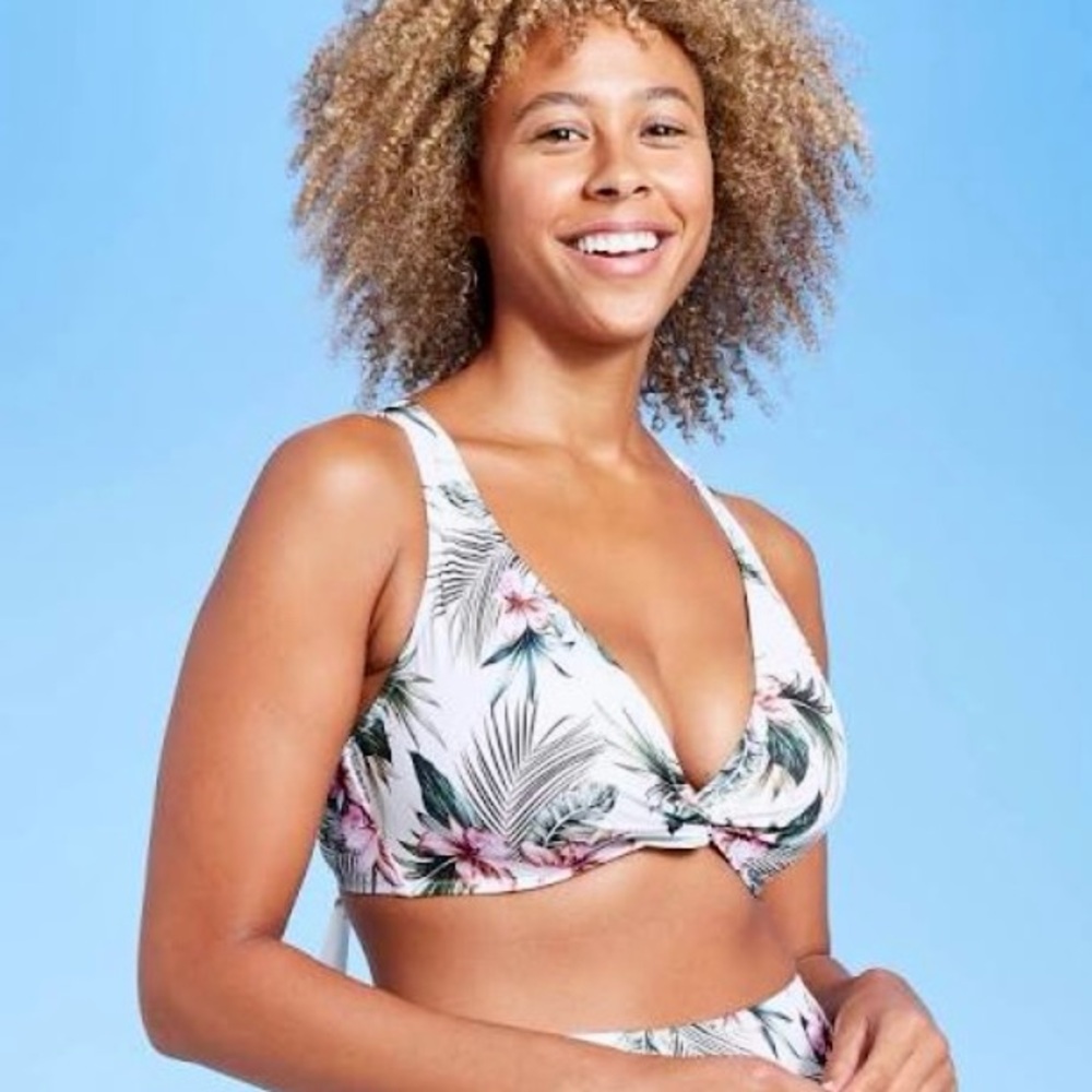 Shade & Shore Tropical Print Plunge Twist Front Bikini Top